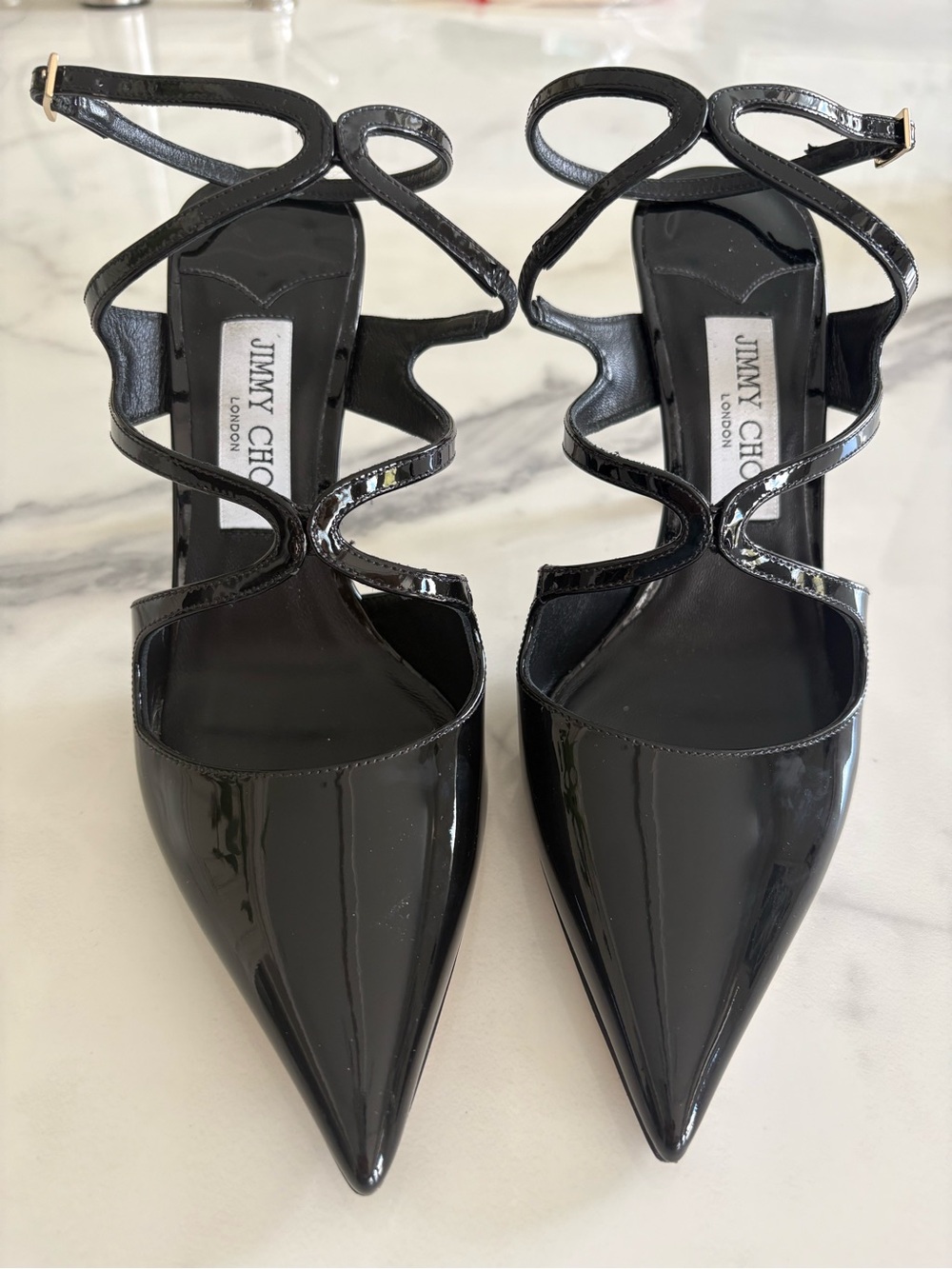Jimmy Choo Black Patent Pointed Toe Strappy Heels